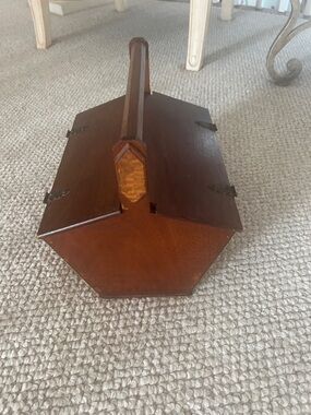 Wooden Hexagon Sewing Box with Carry Handle - Vintage